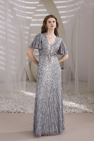 Close-up video showing intricate hand-beaded detailing on Edition Two Silver Hand-Beaded Gown – luxury designer women’s evening wear India.